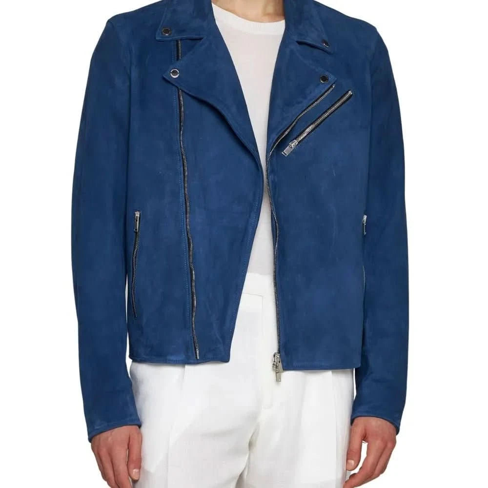 Mens Blue Suede Leather Biker Jacket