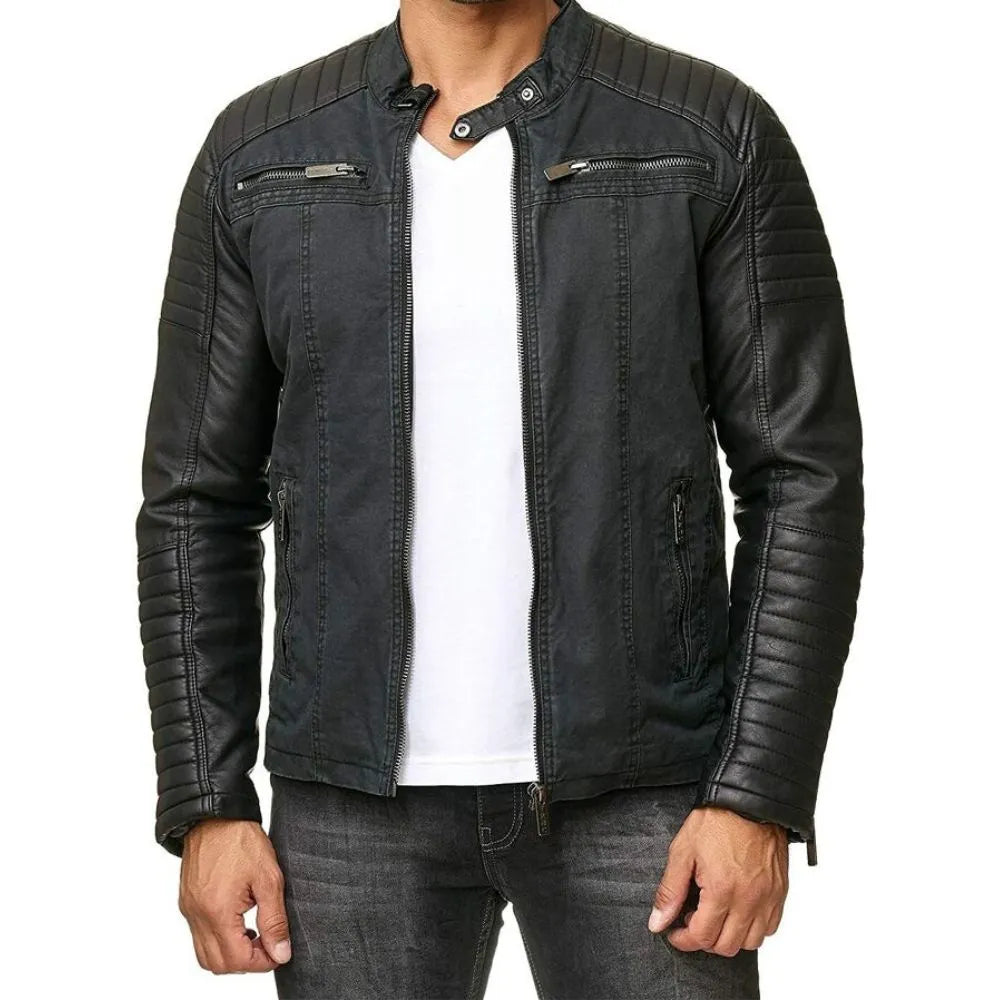 Men's Brando Distressed Cafe Racer Black Retro Motorcycle Leather Jacket