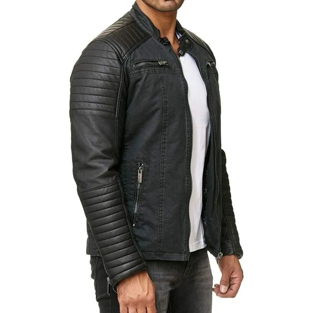 Men's Brando Distressed Cafe Racer Black Retro Motorcycle Leather Jacket