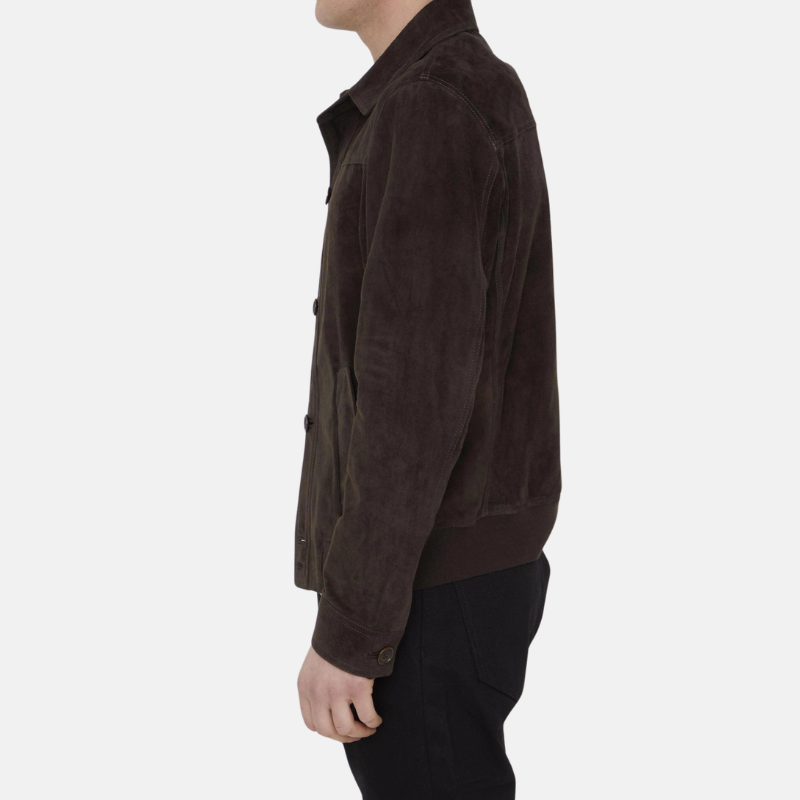 Men's Buttoned Dark Brown Suede Bomber Jacket