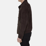 Men's Buttoned Dark Brown Suede Bomber Jacket