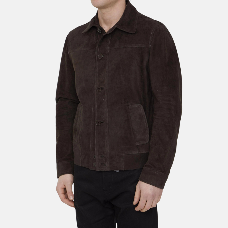 Men's Buttoned Dark Brown Suede Bomber Jacket