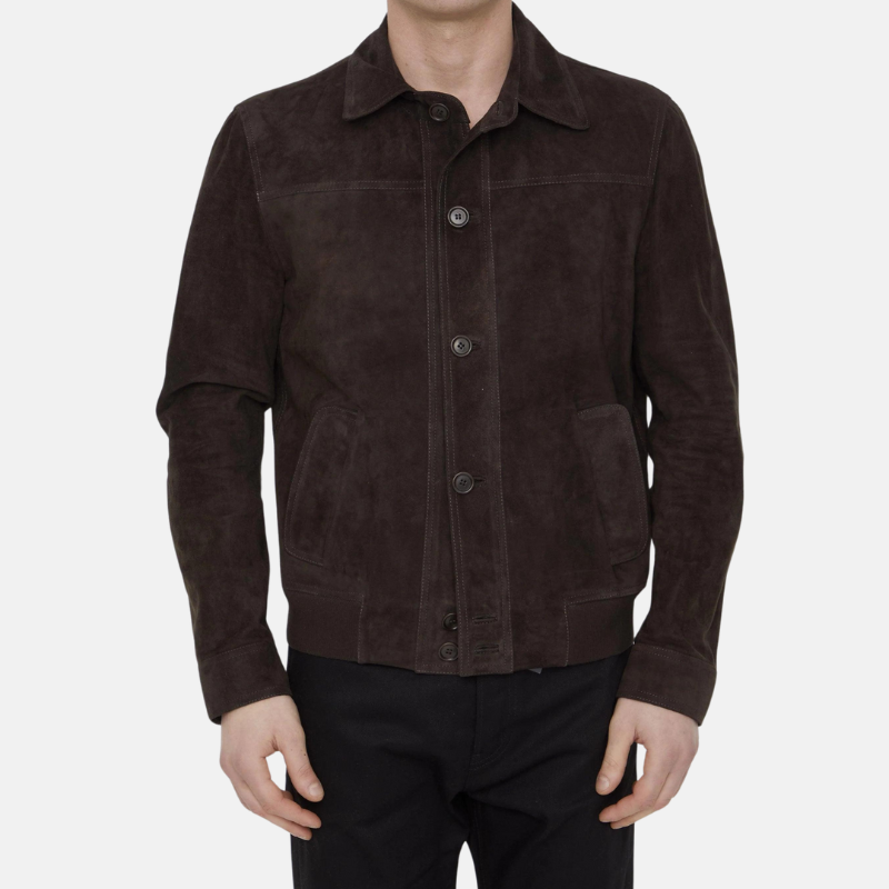 Men's Buttoned Dark Brown Suede Bomber Jacket (6)