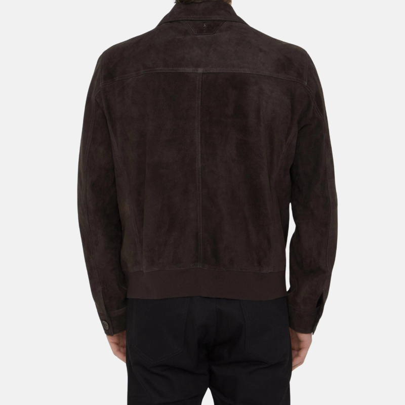 Men's Buttoned Dark Brown Suede Bomber Jacket