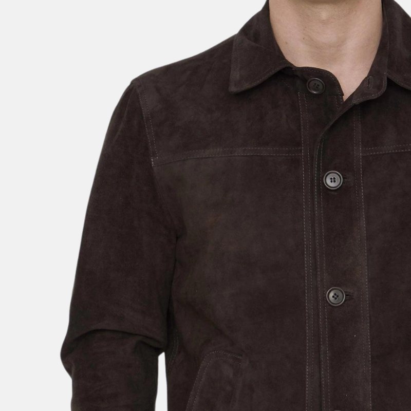 Men's Buttoned Dark Brown Suede Bomber Jacket