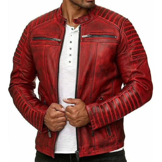 Men's Cafe Racer Biker Leather Red Quilted Jacket