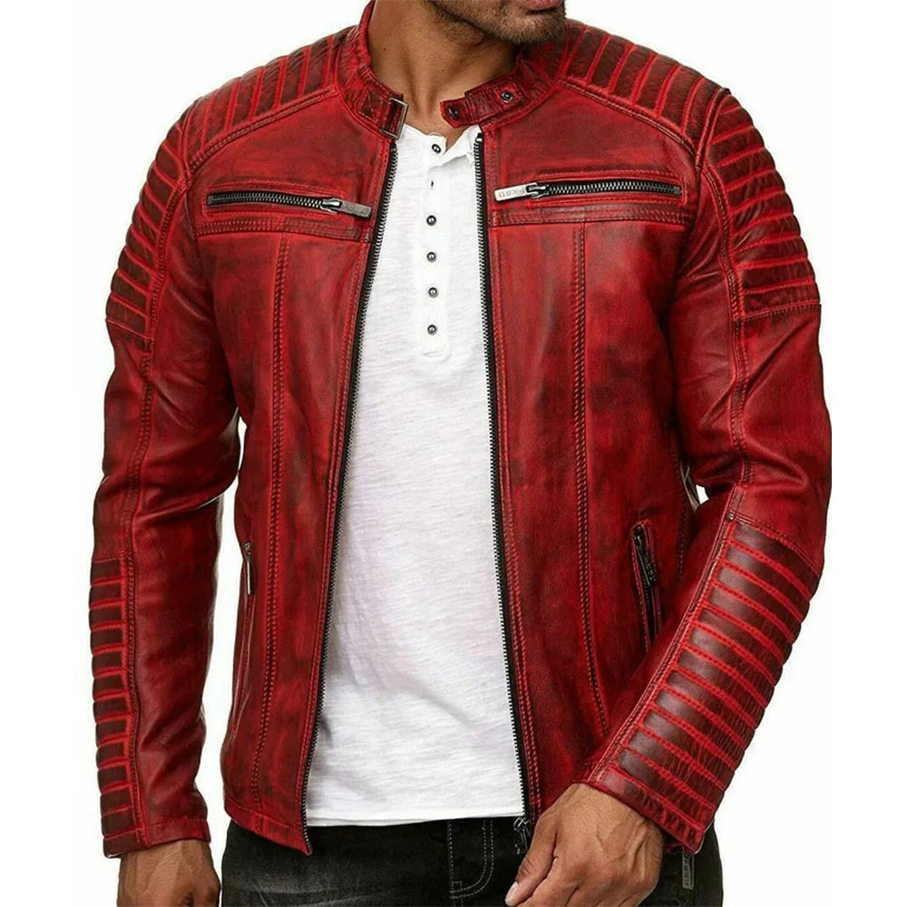 Men's Cafe Racer Biker Leather Red Quilted Jacket