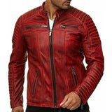 Men's Cafe Racer Biker Leather Red Quilted Jacket