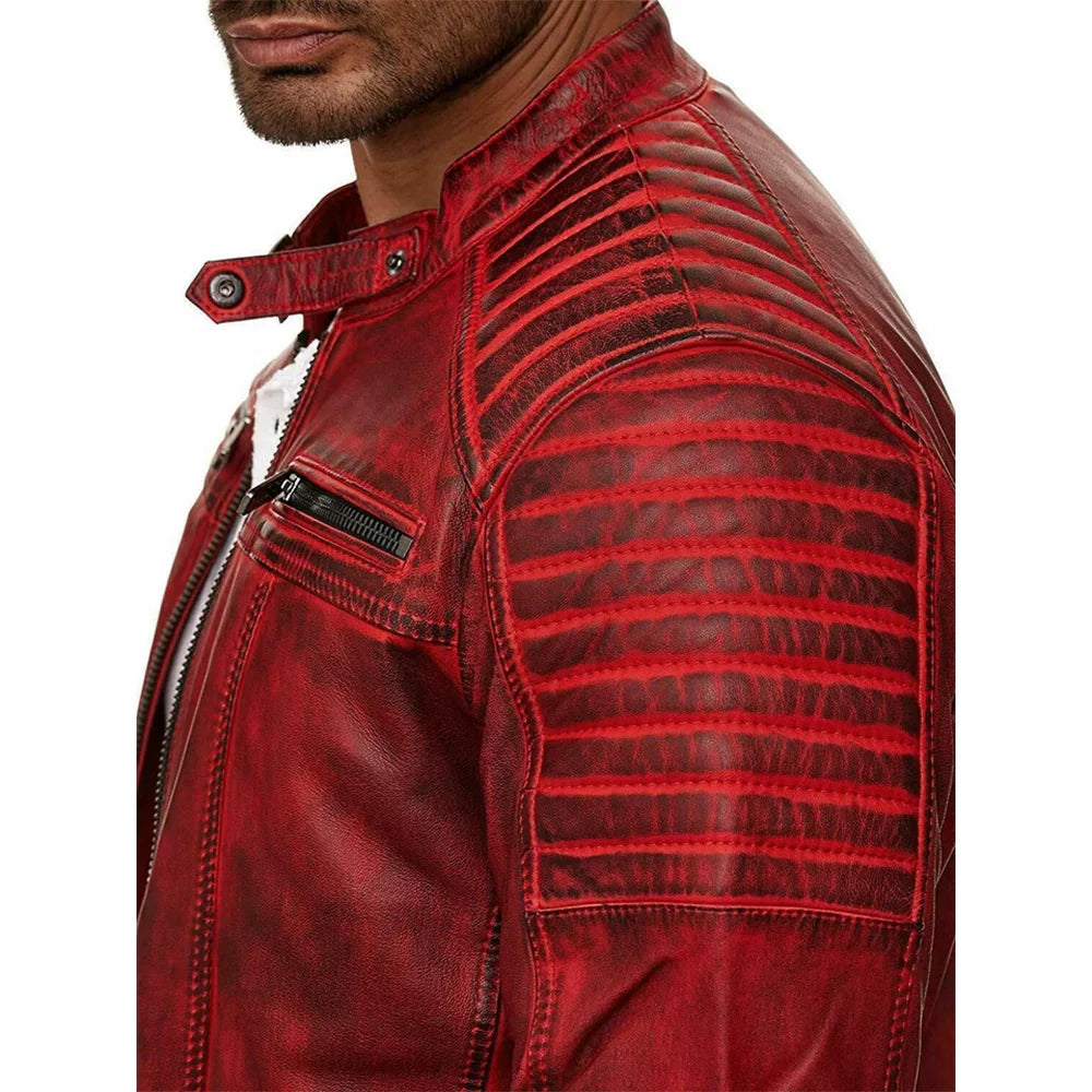 Men's Cafe Racer Biker Leather Red Quilted Jacket