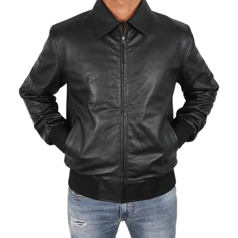 Men's Classic Black Bomber Leather Biker Jacket