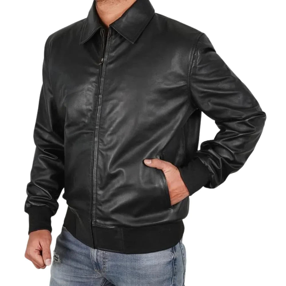 Men's Classic Black Bomber Leather Biker Jacket