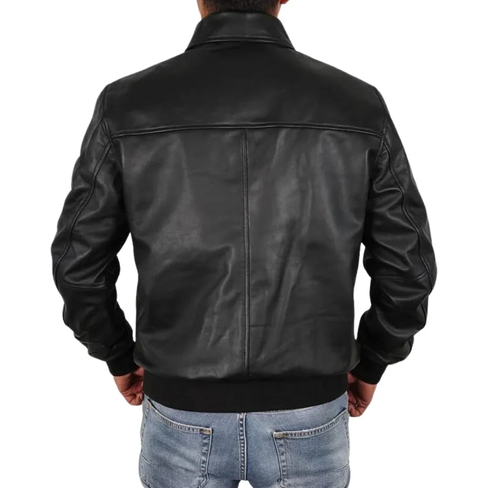 Men's Classic Black Bomber Leather Biker Jacket