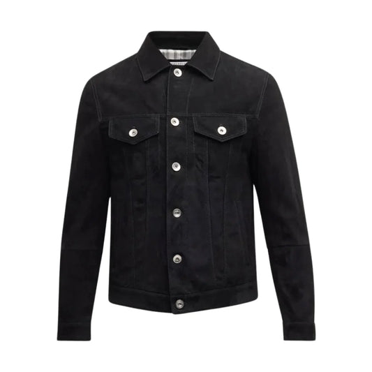 Men's Classic Shirt Collar Black Suede Leather Trucker Jacket