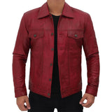 Men’s Classic Shirt Collar Red Vintage Leather Trucker Jacket