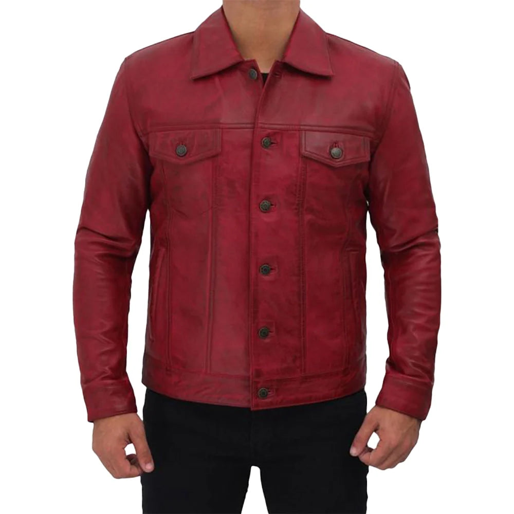 Men’s Classic Shirt Collar Red Vintage Leather Trucker Jacket