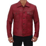 Men’s Classic Shirt Collar Red Vintage Leather Trucker Jacket