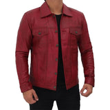 Men’s Classic Shirt Collar Red Vintage Leather Trucker Jacket