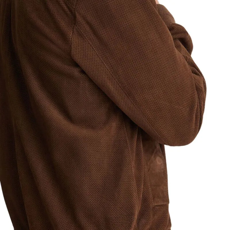 Men's Dark Brown Suede Leather Bomber Jacket