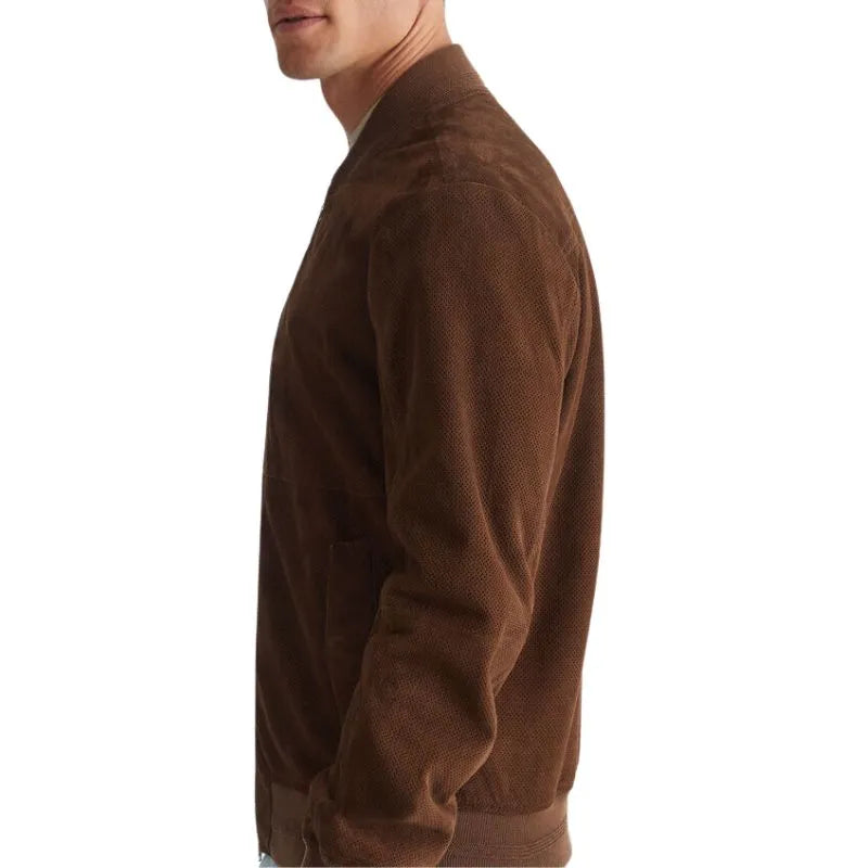 Men's Dark Brown Suede Leather Bomber Jacket