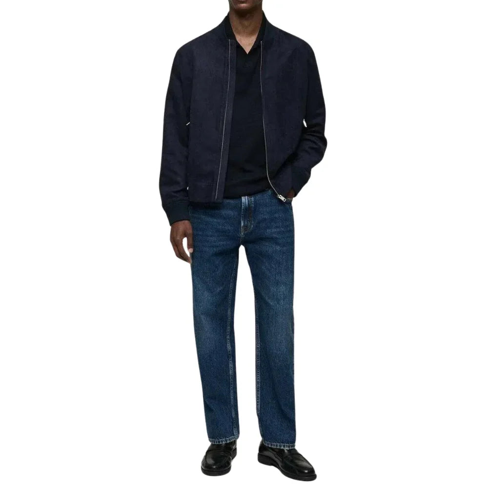 Men's Dark Navy Blue Suede Bomber Jacket