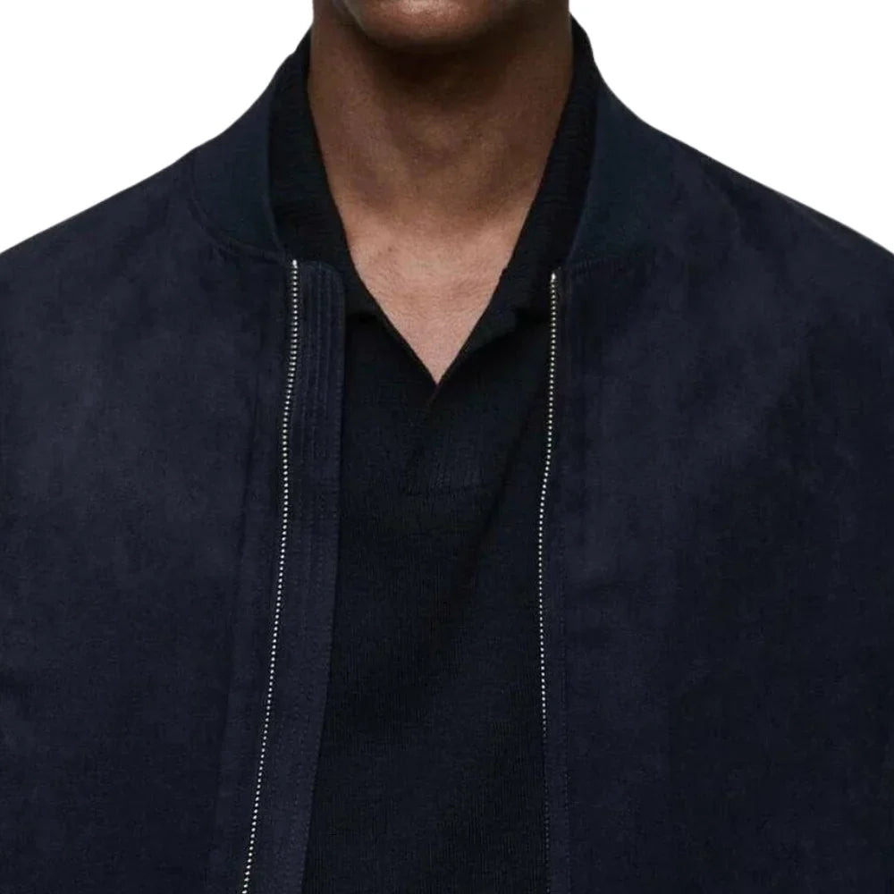 Men's Dark Navy Blue Suede Bomber Jacket