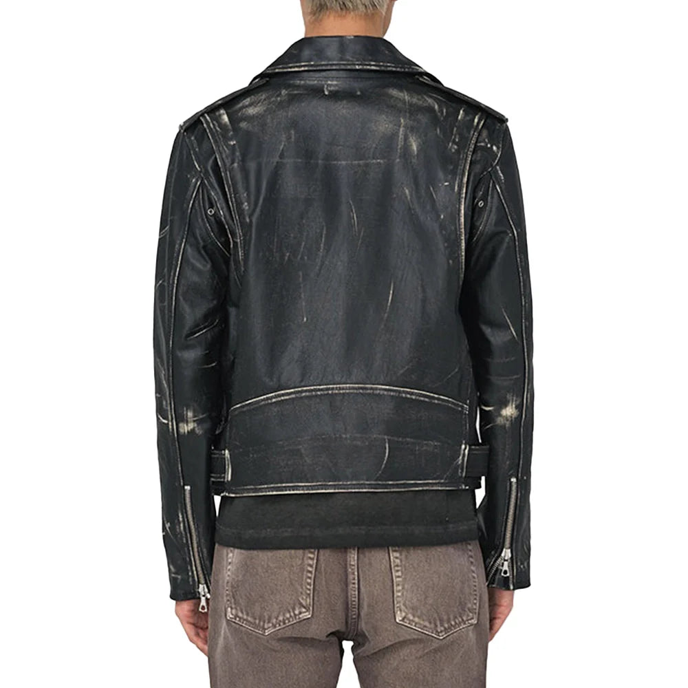 Mens Distressed Black Leather Biker Jacket