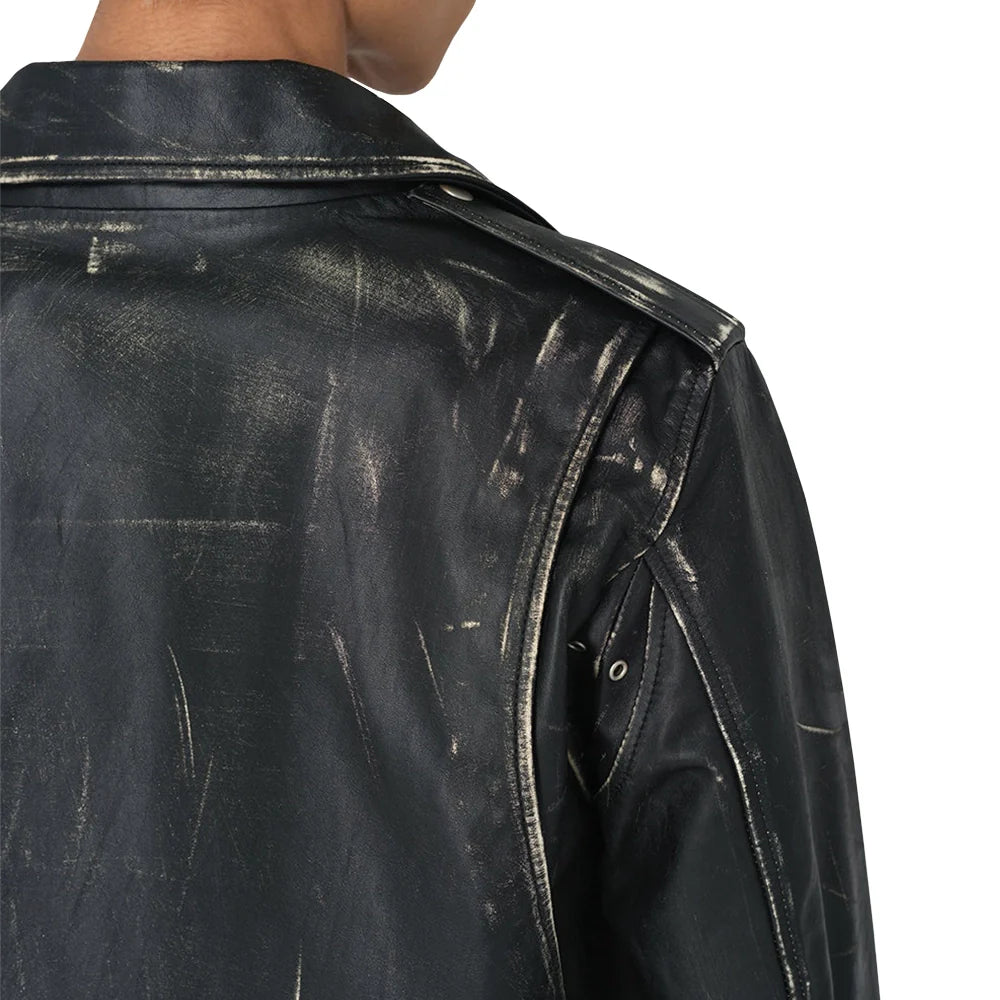 Mens Distressed Black Leather Biker Jacket (4)