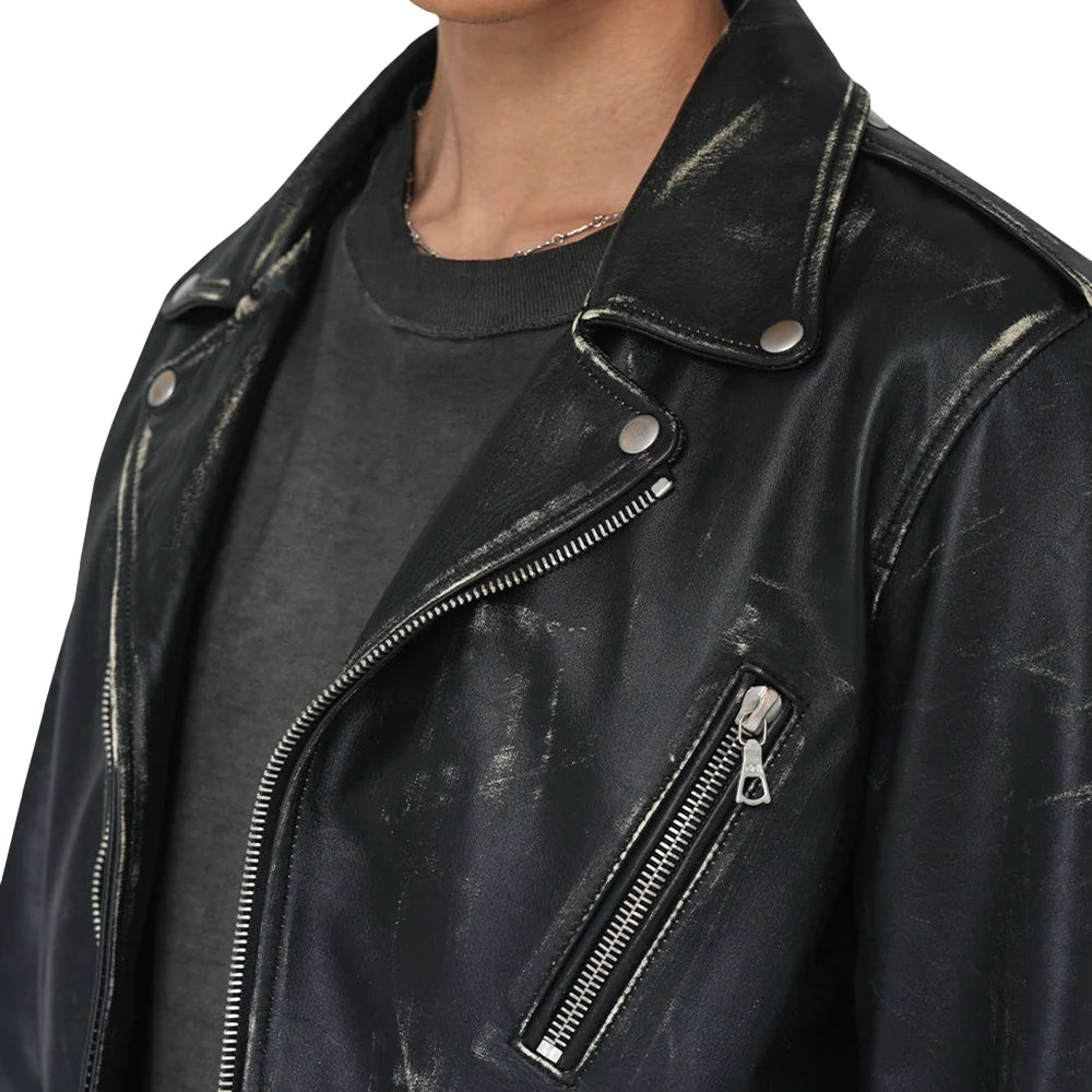 Mens Distressed Black Leather Biker Jacket