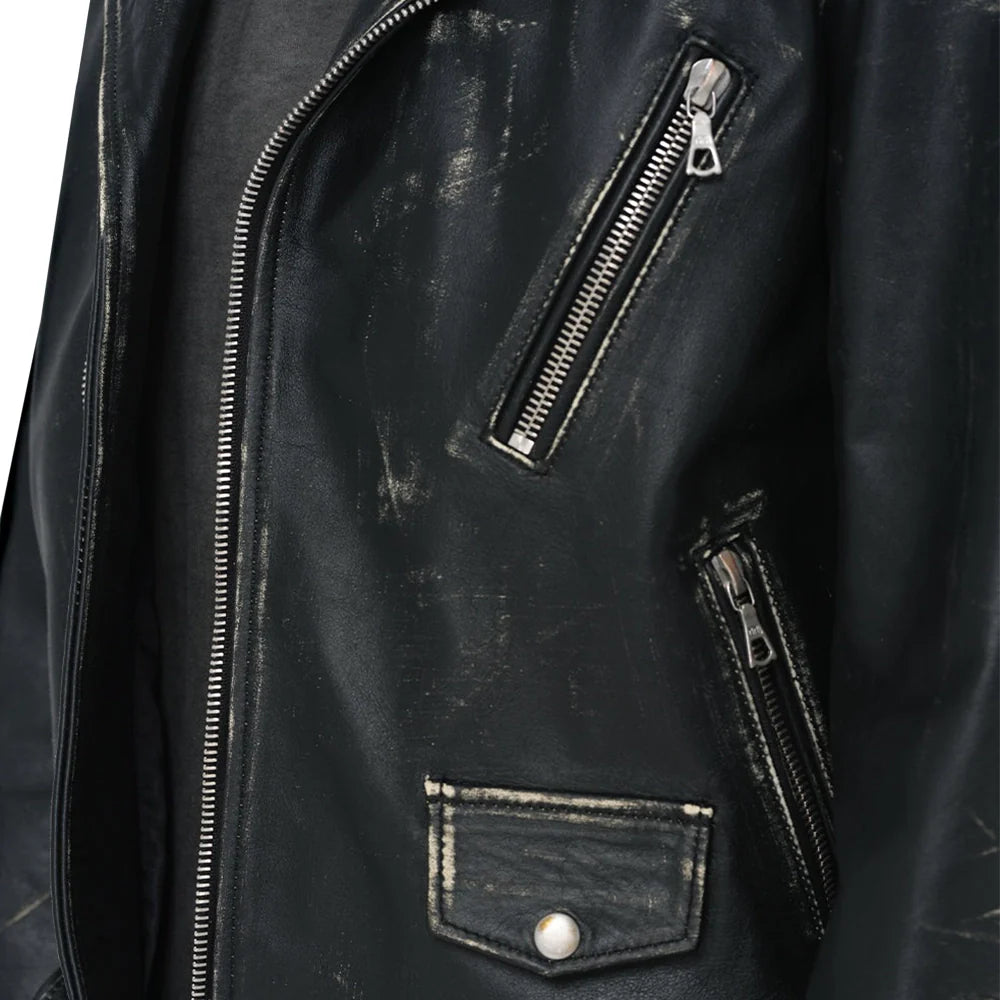 Mens Distressed Black Leather Biker Jacket