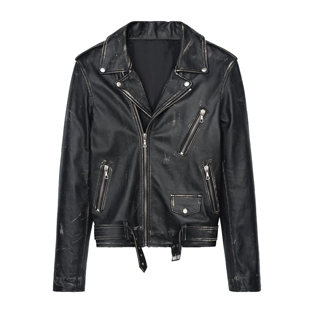 Mens Distressed Black Leather Biker Jacket