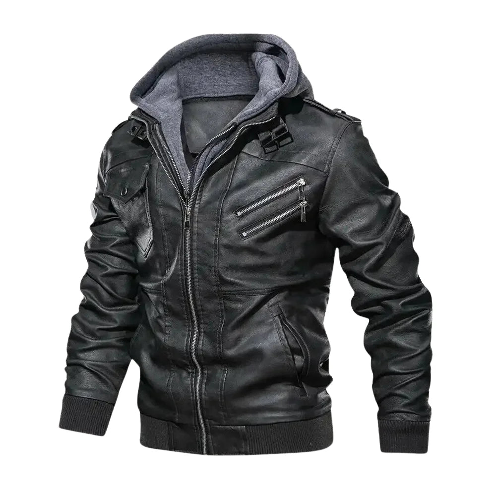 Men's Distressed Black Leather Jacket with Removable Hood