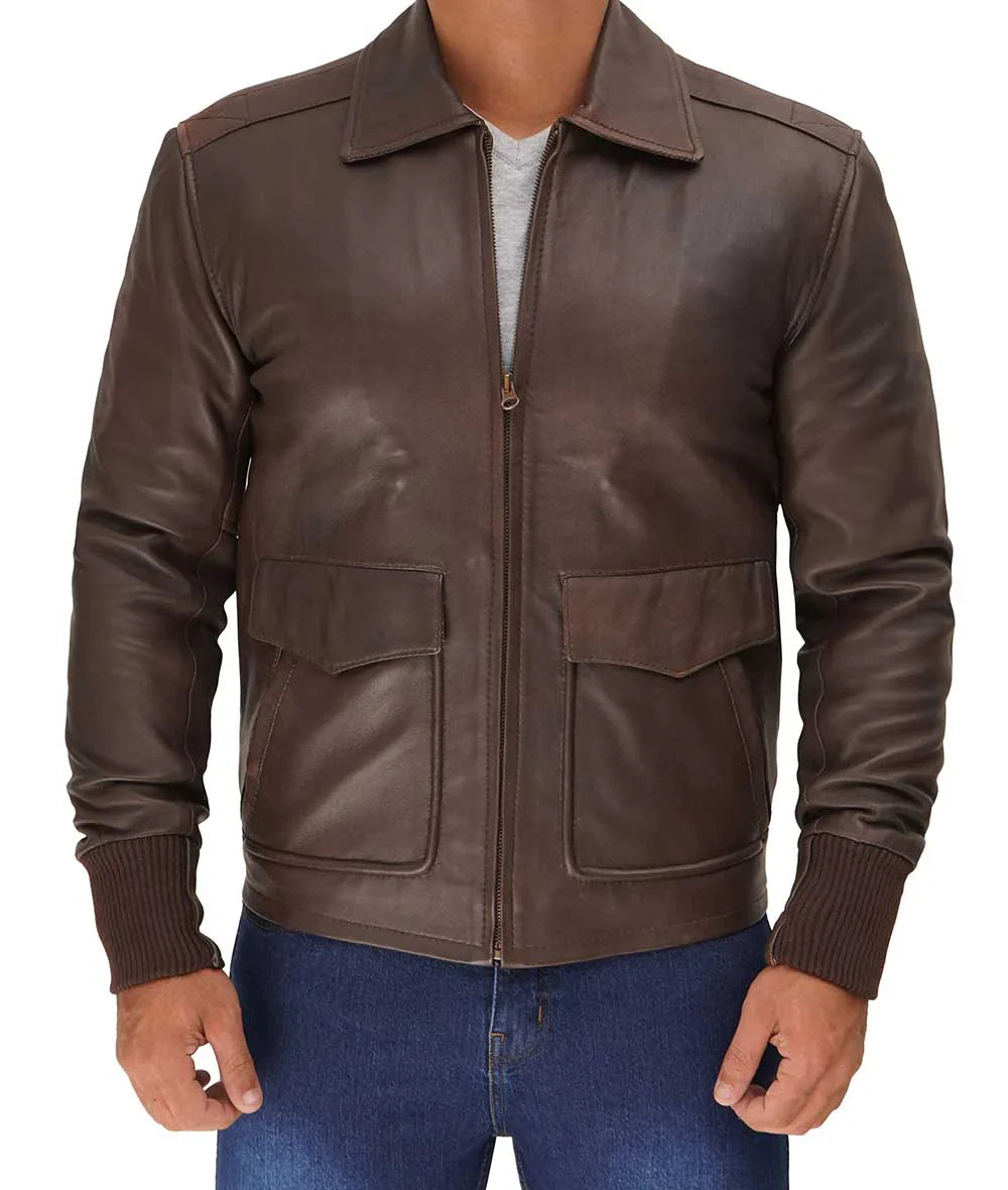 Men’s Distressed Brown Leather A2 Bomber Jacket