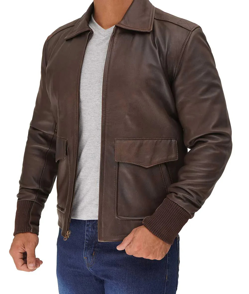 Men’s Distressed Brown Leather A2 Bomber Jacket