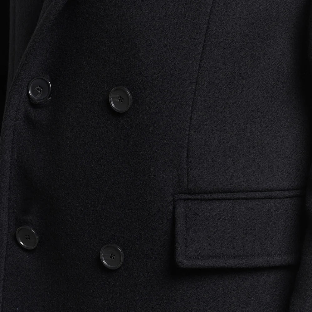 Mens Double Breasted Black Wool Overcoat