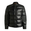 Men’s Mandarin Collar Leather Black Puffer Jacket