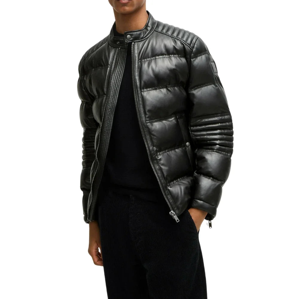 Men’s Mandarin Collar Leather Black Puffer Jacket