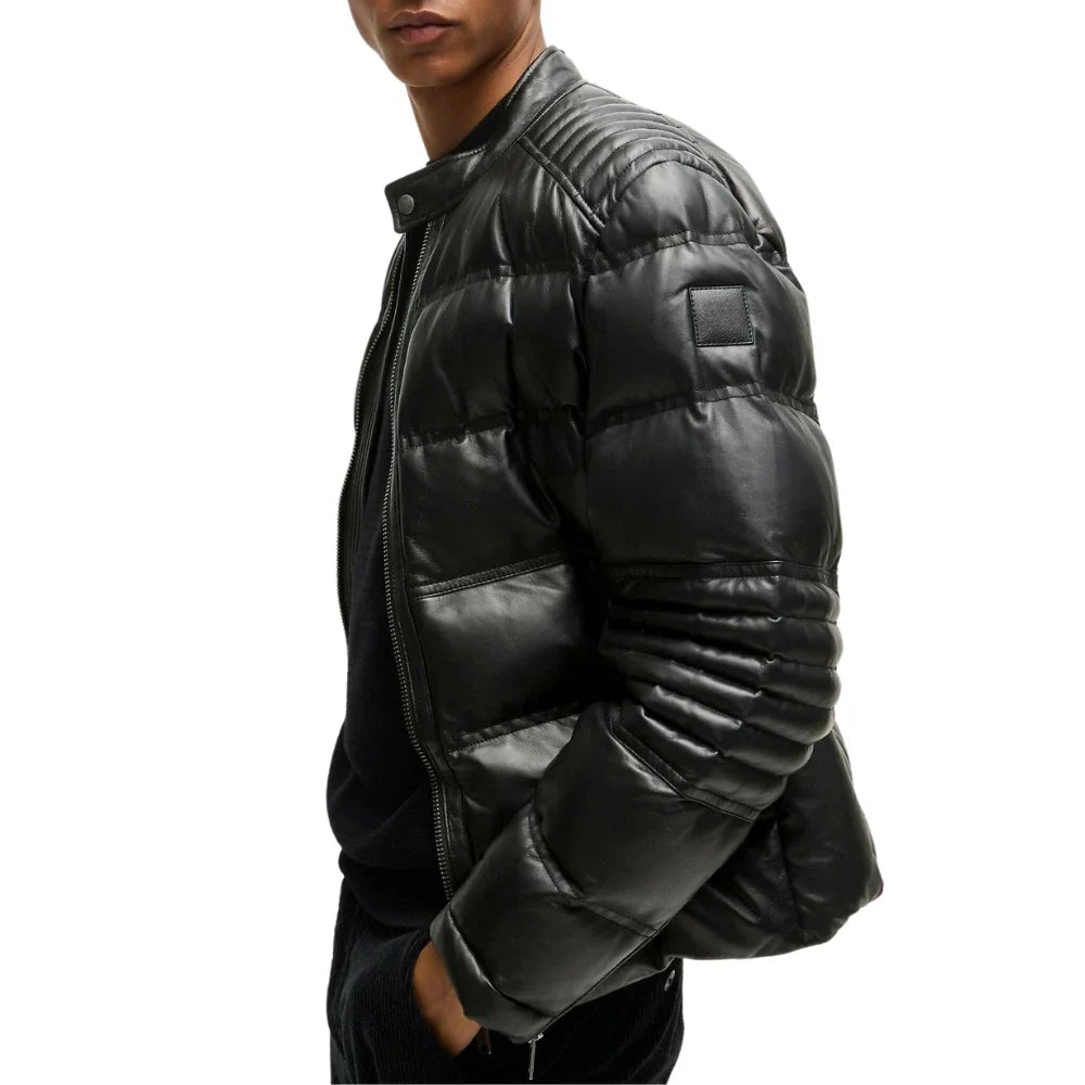 Men’s Mandarin Collar Leather Black Puffer Jacket