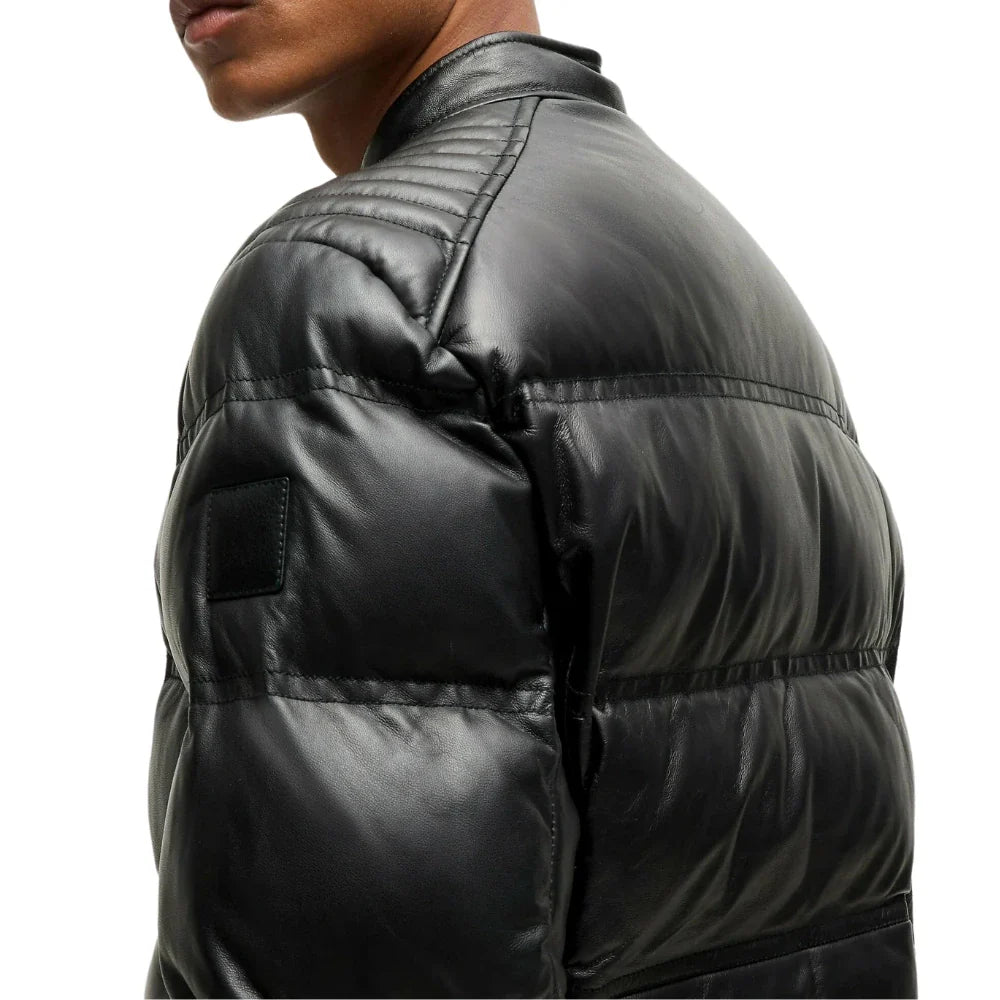 Men’s Mandarin Collar Leather Black Puffer Jacket