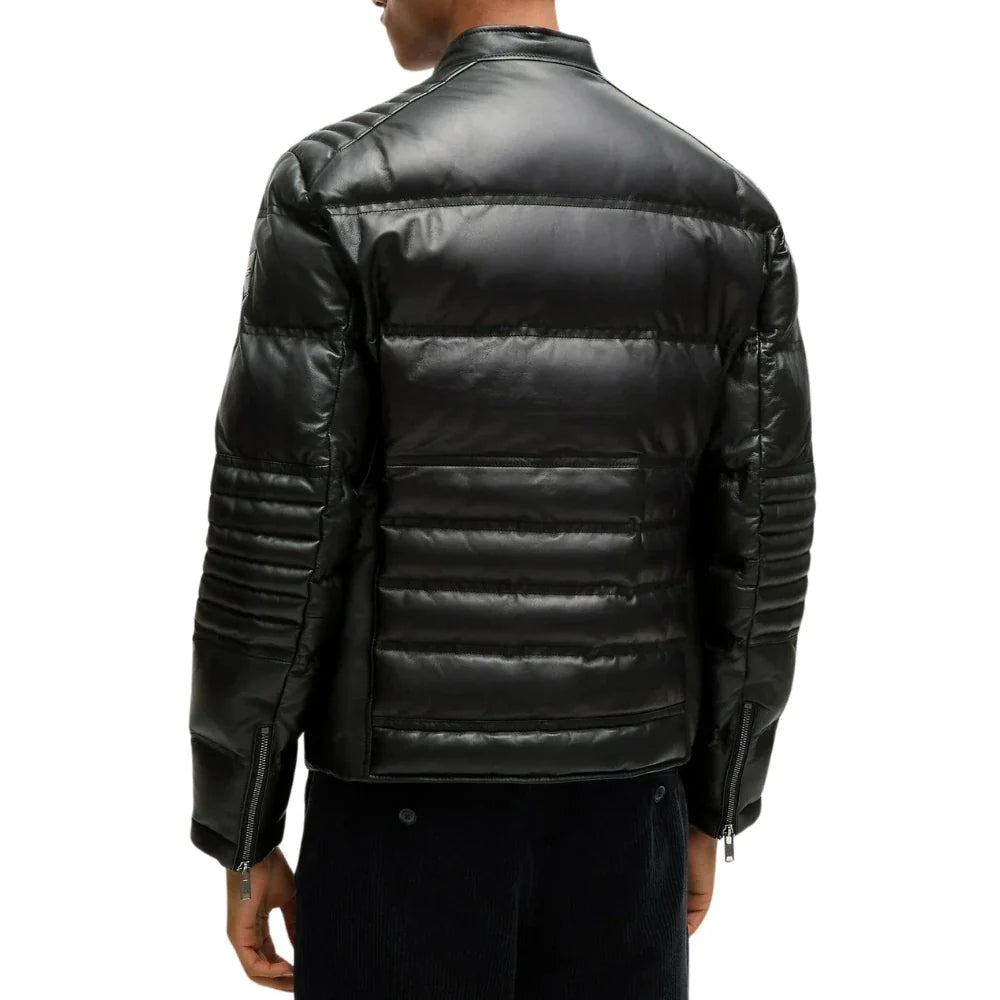 Men’s Mandarin Collar Leather Black Puffer Jacket