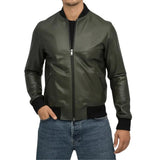 Men’s Olive Green Leather Bomber Jacket