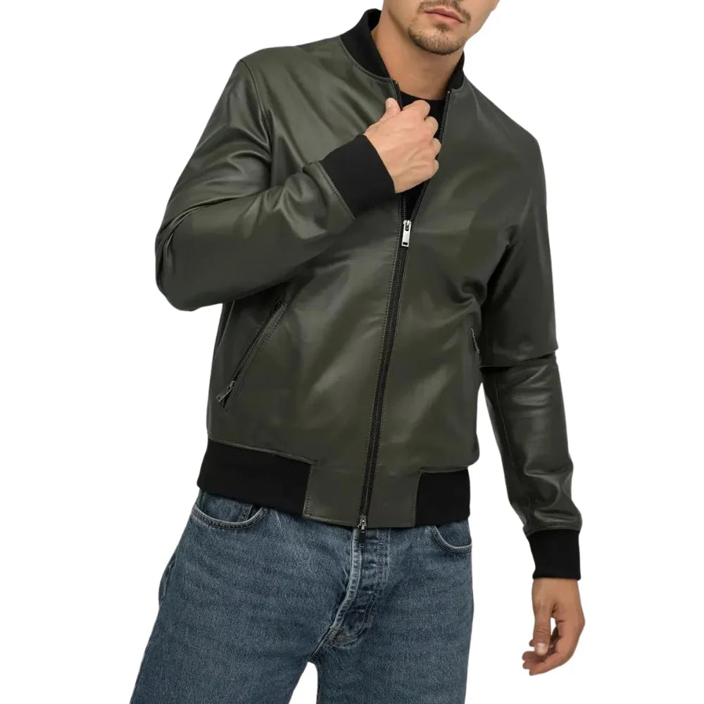 Men’s Olive Green Leather Bomber Jacket