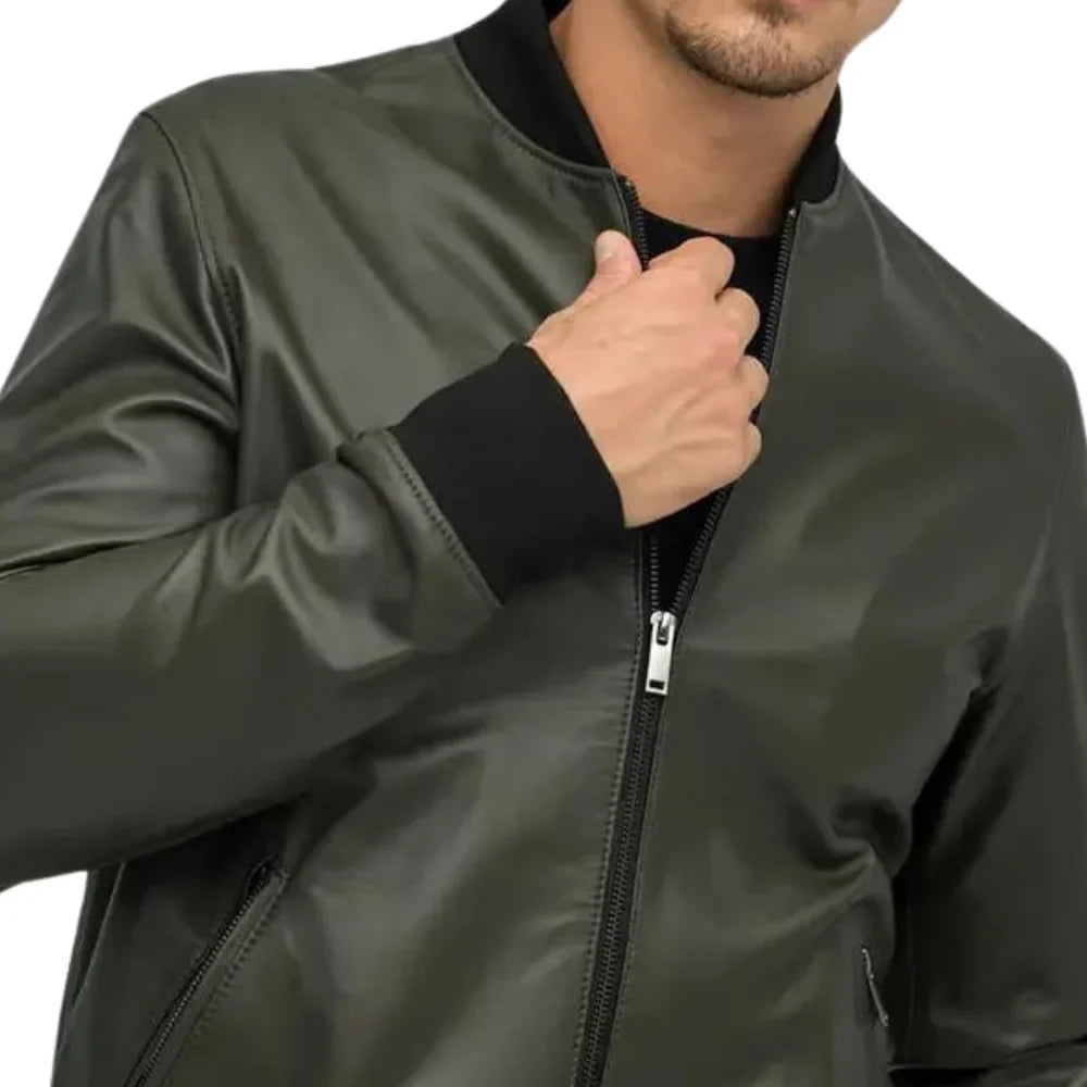 Men’s Olive Green Leather Bomber Jacket