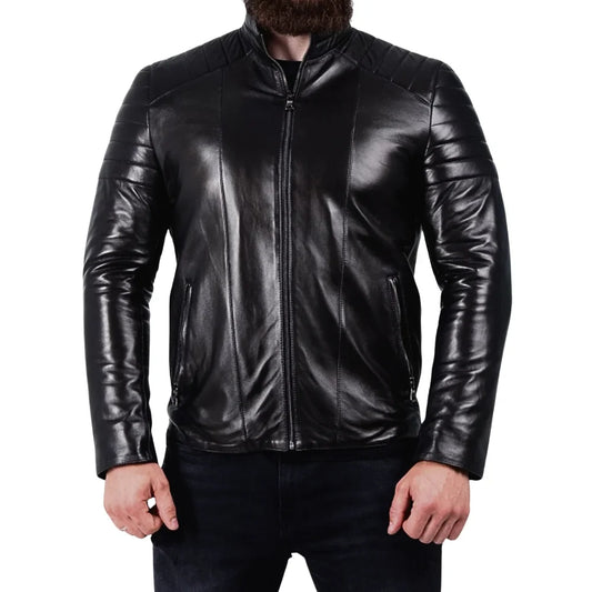 Men's Padded Black Leather Biker Jacket