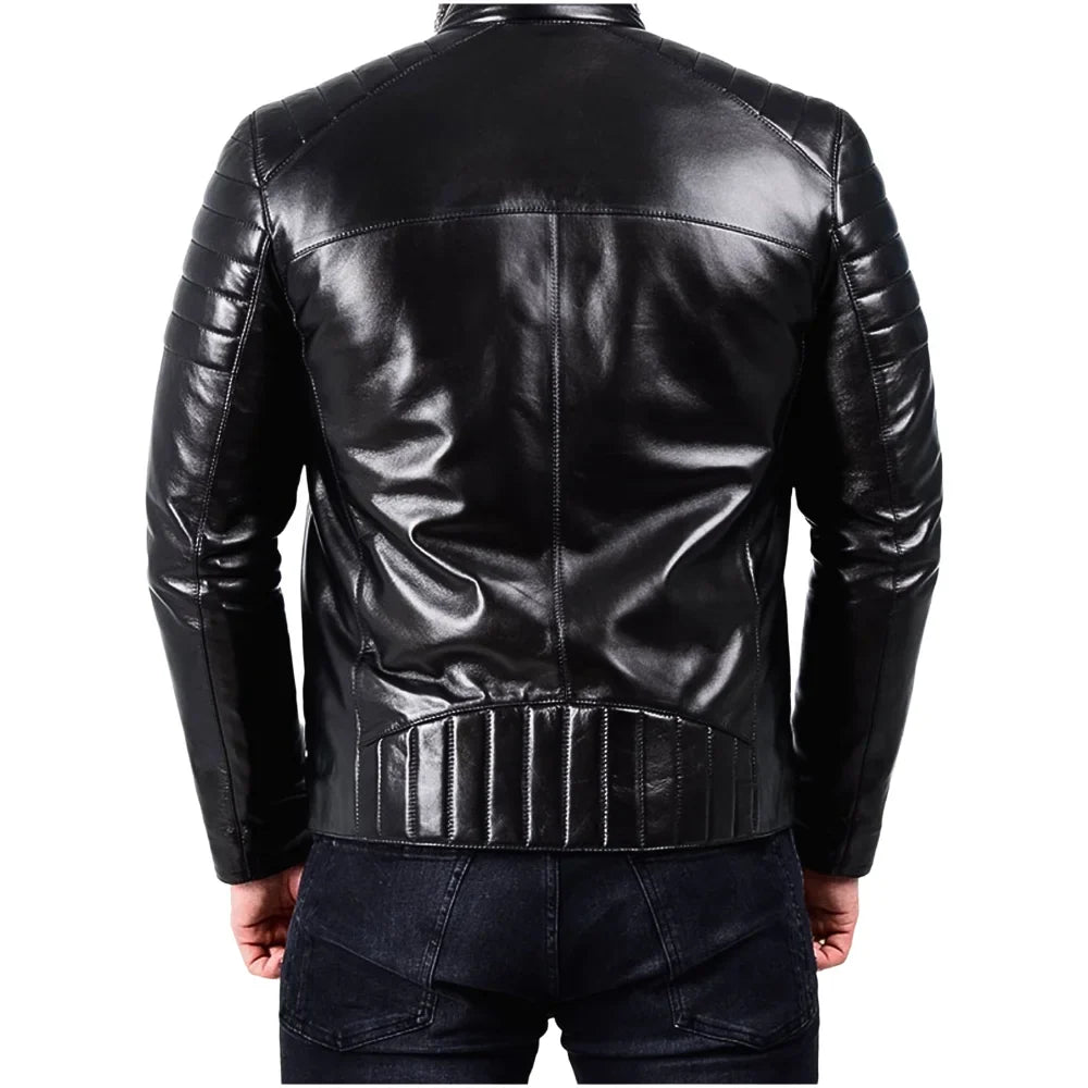 Men's Padded Black Leather Biker Jacket