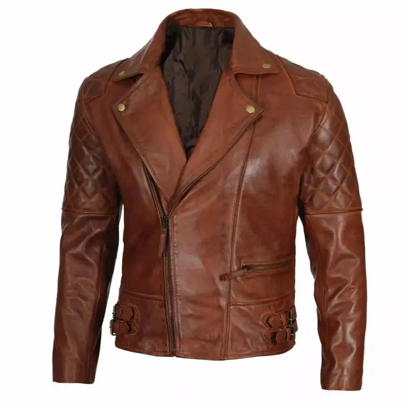 Men’s Quilted Asymmetrical Dark Brown Leather Biker Jacket 2