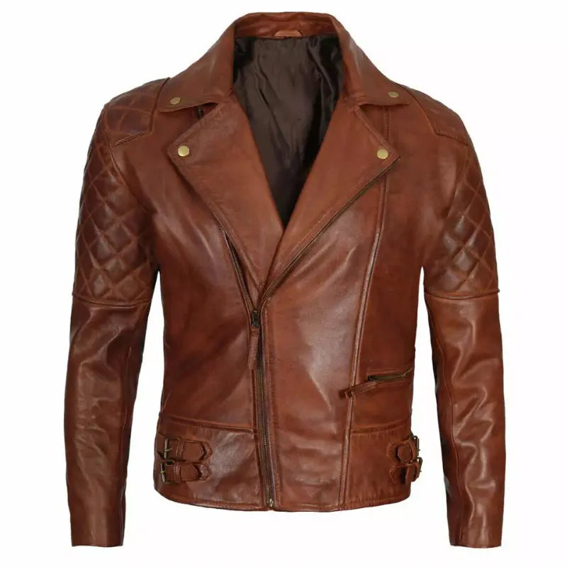 Men’s Quilted Asymmetrical Dark Brown Leather Biker Jacket