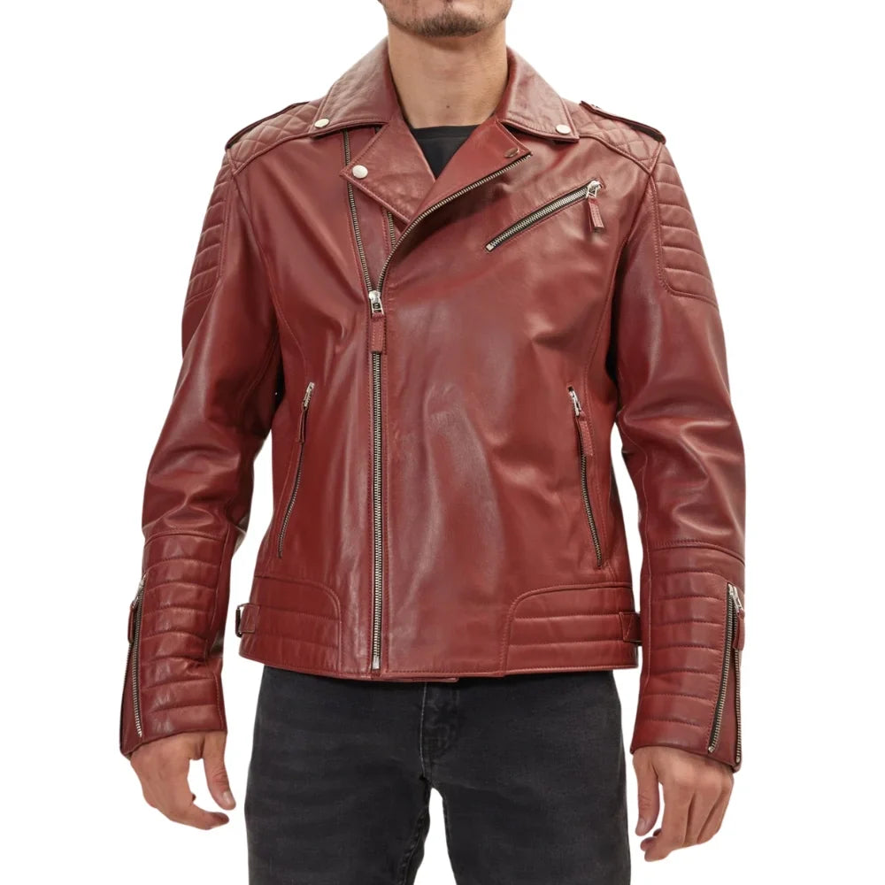 Men's Quilted Maroon Leather Biker Jacket