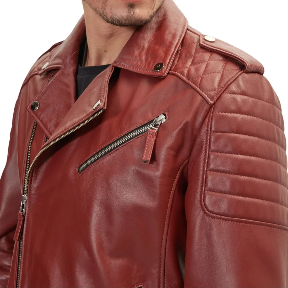 Men's Quilted Maroon Leather Biker Jacket