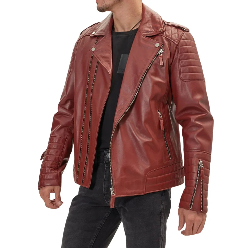 Men's Quilted Maroon Leather Biker Jacket