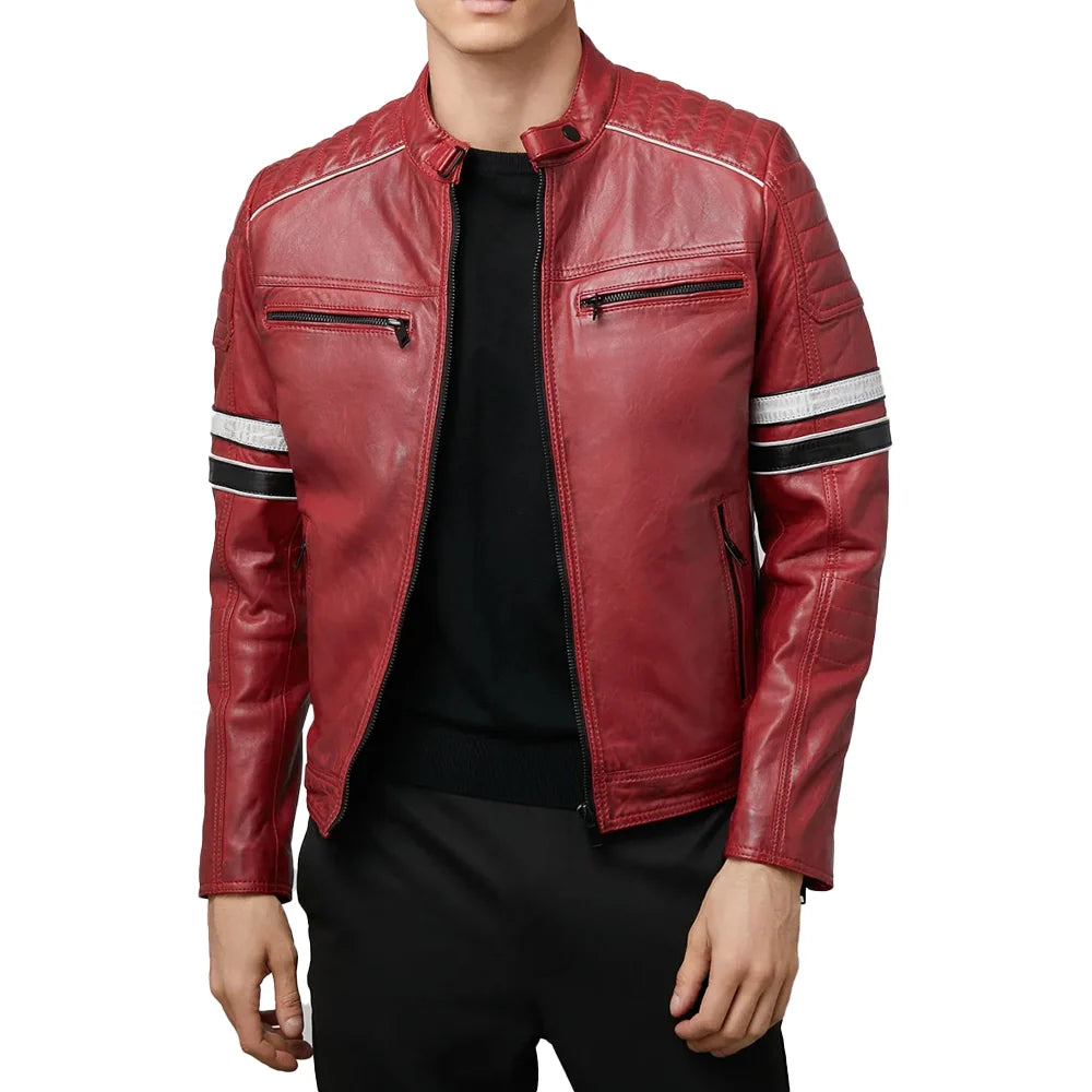 Men's Quilted Stripes Cafe Racer Biker Leather Jacket